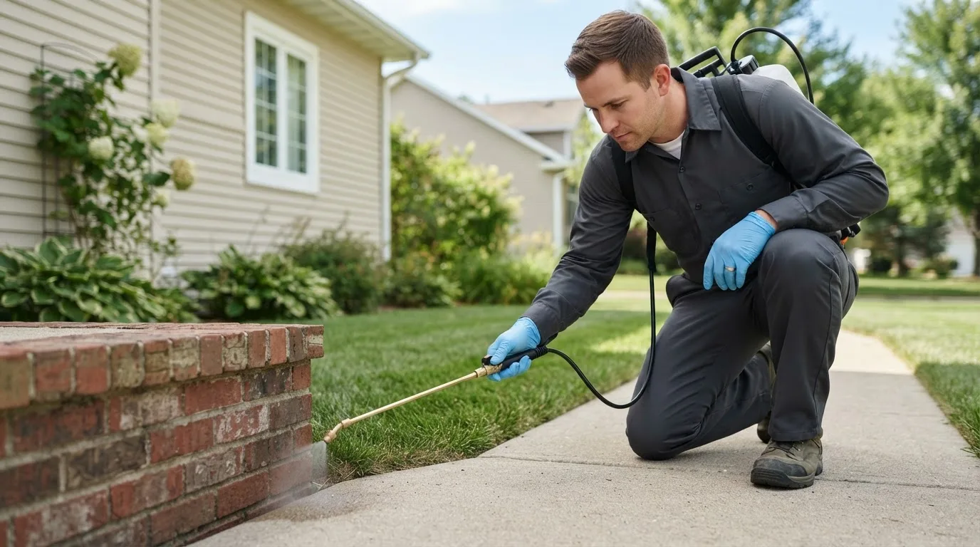 Pest control technician treating a home near Hallett, OK