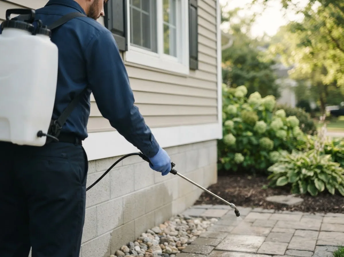 Pest control technician inspecting a home in Hallett, OK